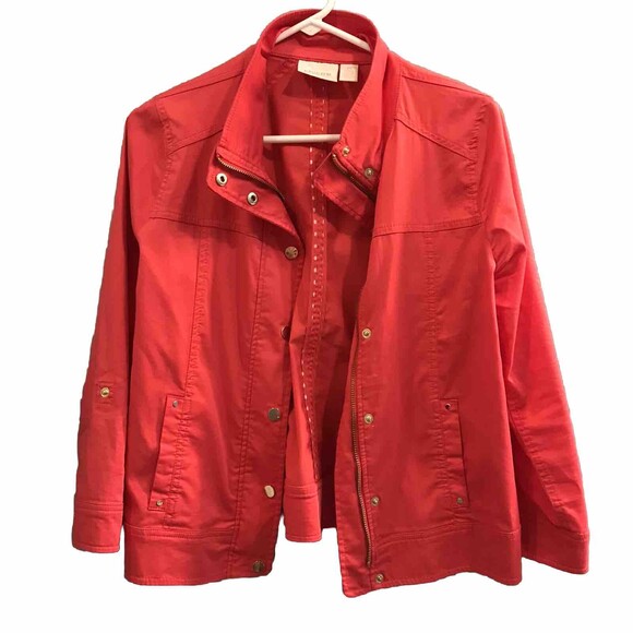 Chicos Lightweight Jacket Zip Up Pockets Gold Details Pink Coral Sz 0 XS 4 6 - Picture 1 of 6